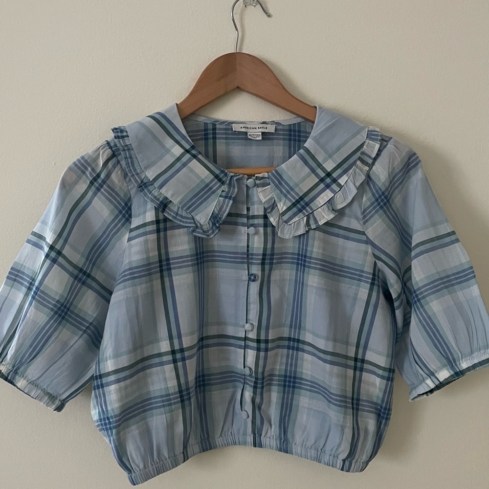 American Eagle Blue Cropped Blouse with Puff Sleeves - Picture 3 of 6